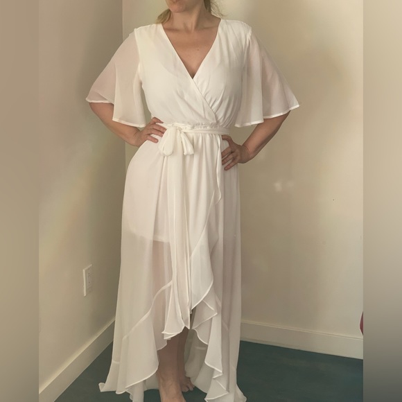 DRESS DAY white chiffon Midi Dres. Size Small, bell sleeve, crossbody. - Picture 7 of 9